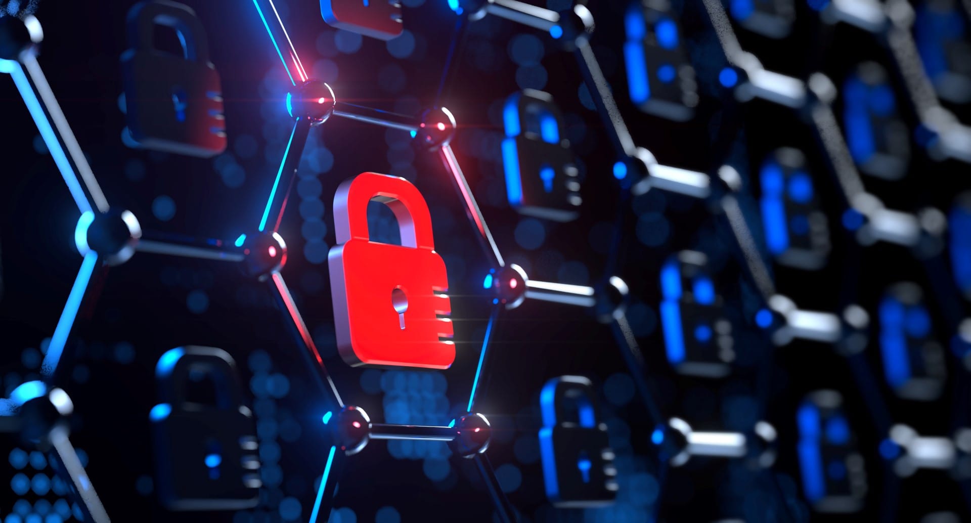 Red lock between connected dots representing network security
