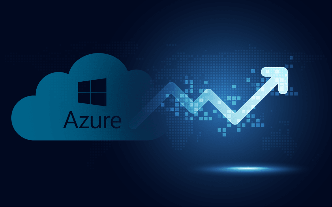 A blue cloud with the Azure name beside a rising line chart on a dark blue background.