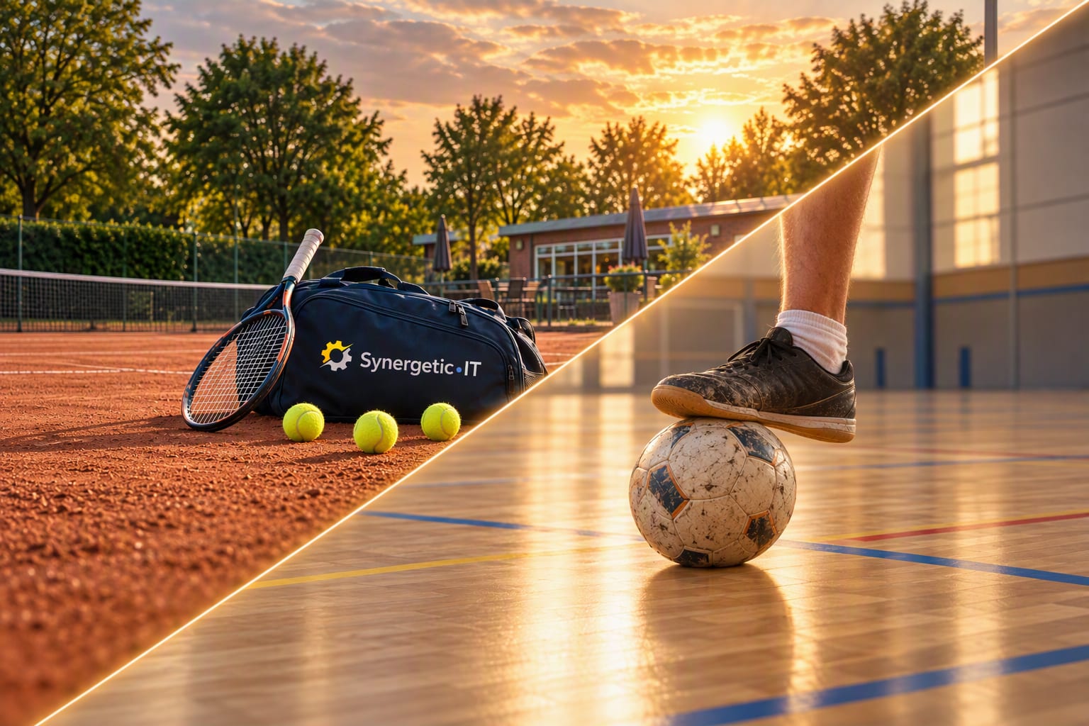 Ein diagonal geteiltes Bild: auf einem Sandplatz eine marineblaue Tennistasche von Synergetic IT mit einem Schläger und drei Tennisbällen; auf einem Sporthallenboden ein abgetragener Futsalschuh mit heruntergerollter Socke, der auf einem abgenutzten Ball ruht.