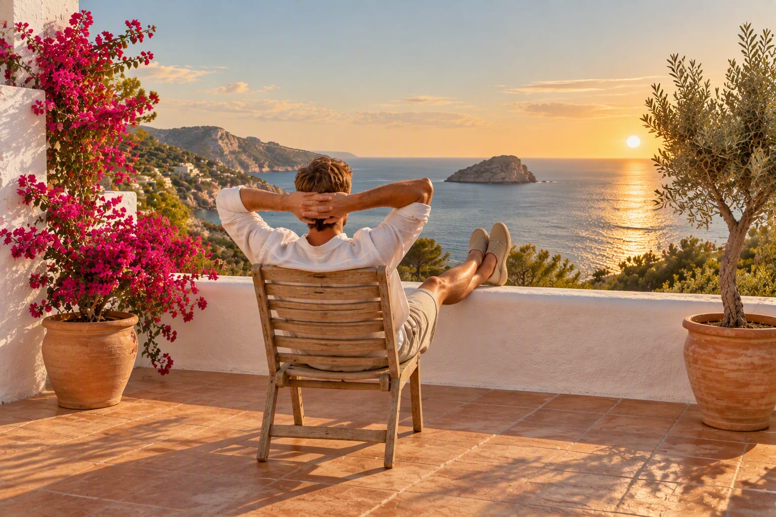 Ein Mann, von hinten gesehen, völlig entspannt auf einem Holzstuhl auf einer sonnigen Terrasse auf Ibiza, die Hände hinter dem Kopf und die Füße gekreuzt auf der niedrigen weißen Mauer, mit Blick auf ein ruhiges Meer.