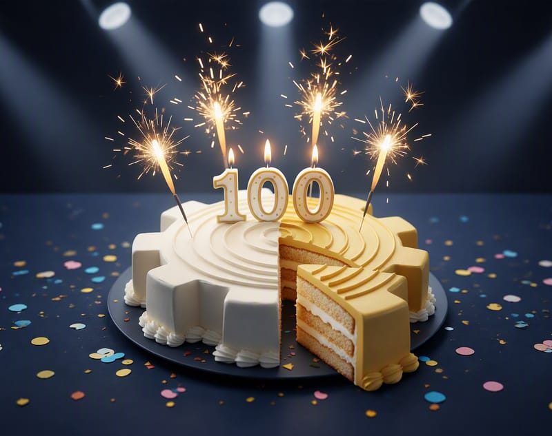 A celebration cake shaped like a white and gold gear with a slice cut out, topped with 100 candles and sparklers under bright spotlights.