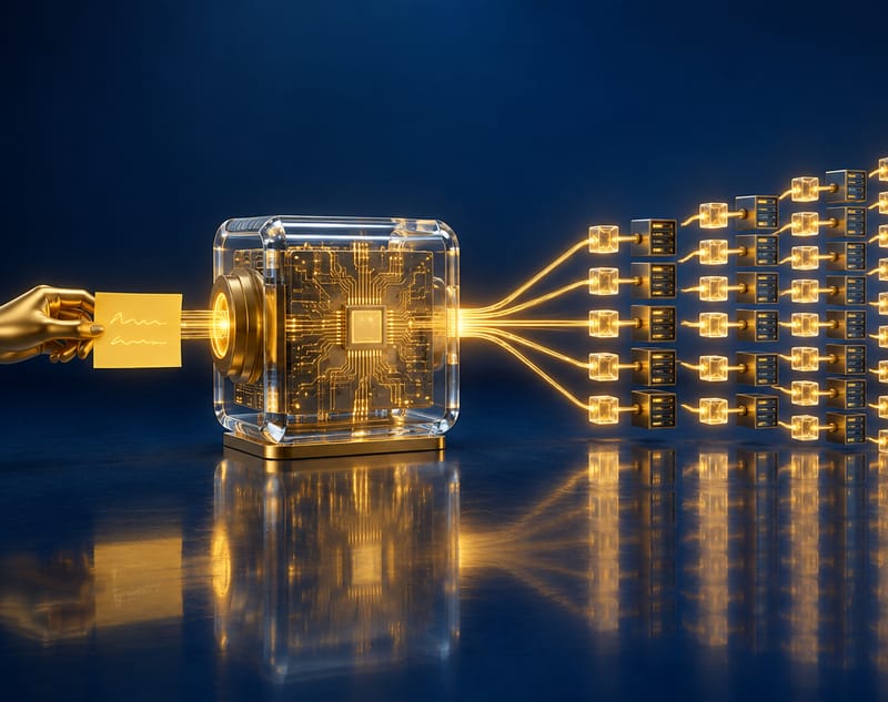 A golden hand feeds a handwritten note into a glass machine with golden circuits; one beam leaves it and fans out into rows of small glowing agents, each building its own server, rising into a golden cloud.