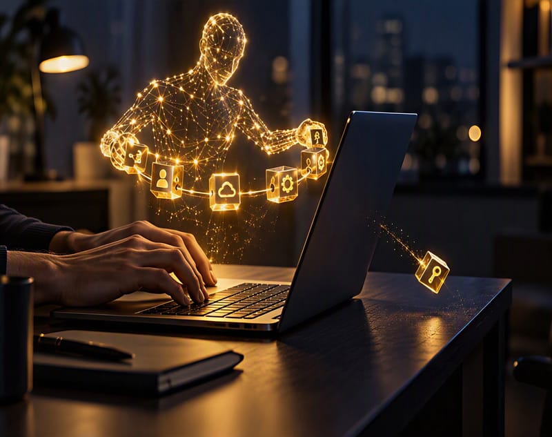 Hands typing on a laptop at night while a glowing golden AI agent made of connected points holds a ring of small cubes with identity, cloud and settings symbols; one cube with a key slips loose and drops towards the desk.