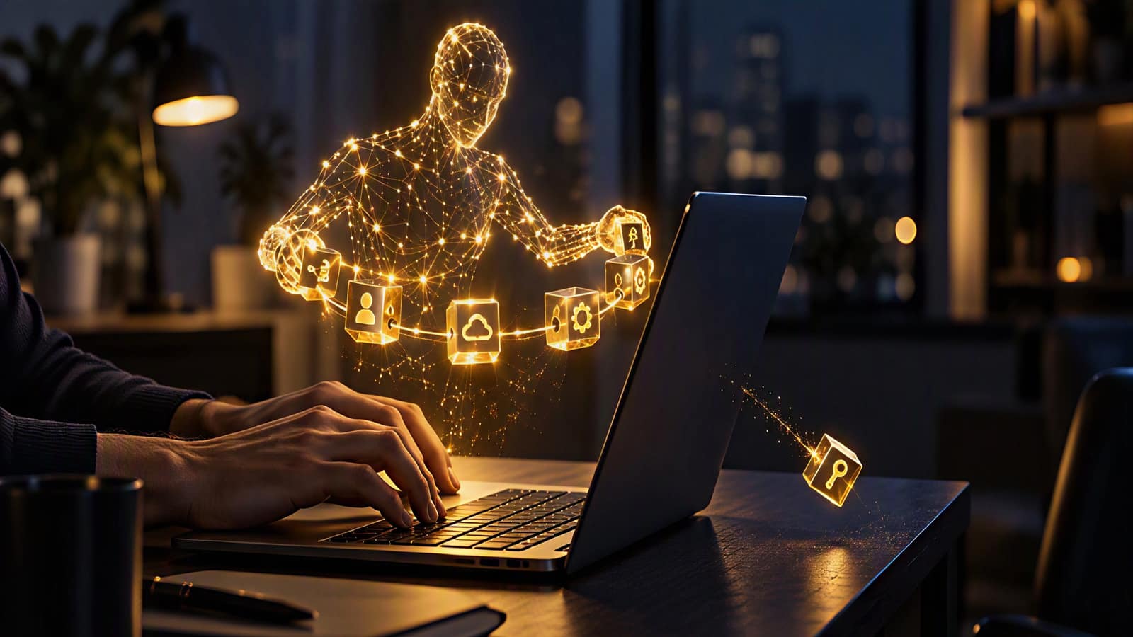 Hands typing on a laptop at night while a glowing golden AI agent made of connected points holds a ring of small cubes with identity, cloud and settings symbols; one cube with a key slips loose and drops towards the desk.