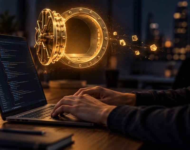 A developer's hands typing on a laptop with a code editor in a dim office at night; above the laptop a glowing golden vault door stands open on an empty vault, and a few golden fragments drift out and fade.