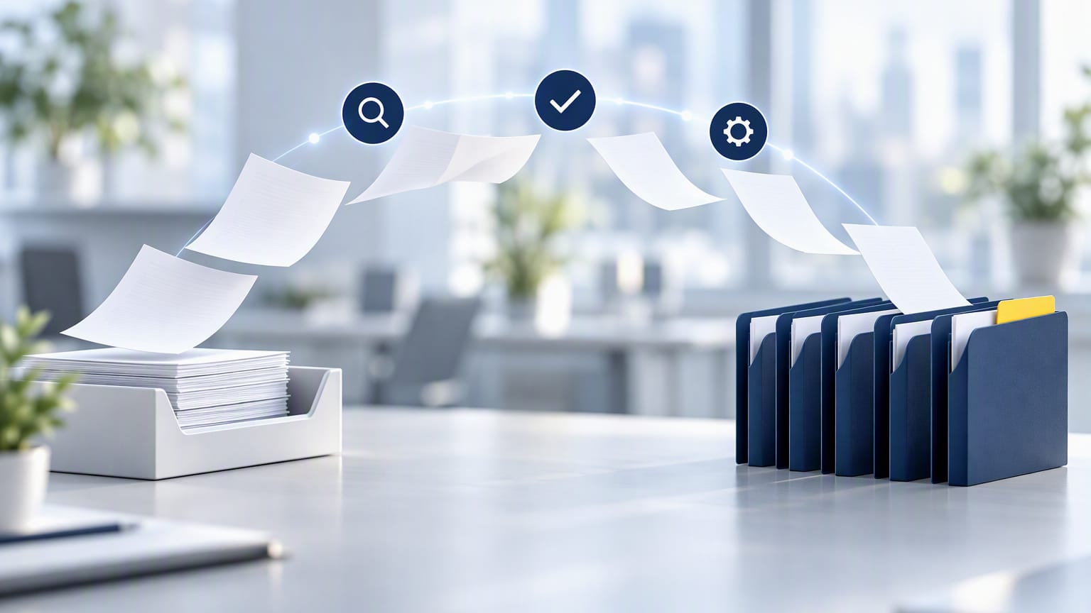 On a bright office desk, white sheets lift off a stack in an inbox tray and glide in an arc past three navy icons, a magnifying glass, a check mark and a gear, into a row of navy folders, the last one with a yellow tab.