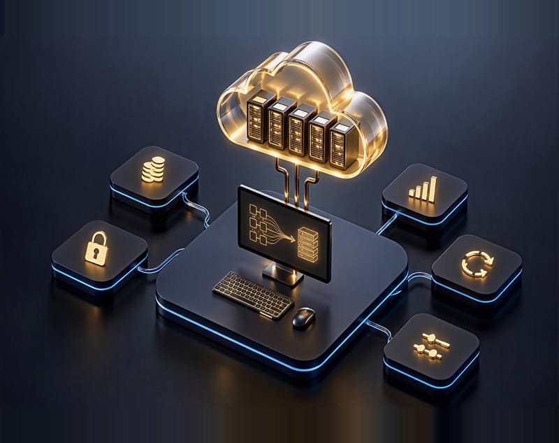 An isometric workstation on a navy platform, linked by golden cables to a glass cloud full of glowing servers, surrounded by five tiles with golden symbols: coins, a padlock, rising bars, a circular arrow and sliders.