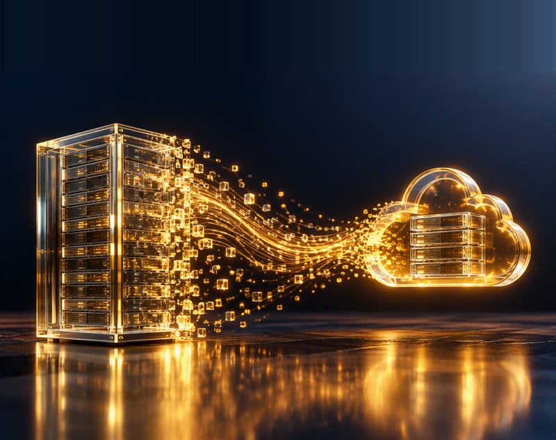 A clear glass server rack on the left dissolves into streams of glowing golden particles that flow across a reflective floor into a golden cloud holding a small stack of servers.