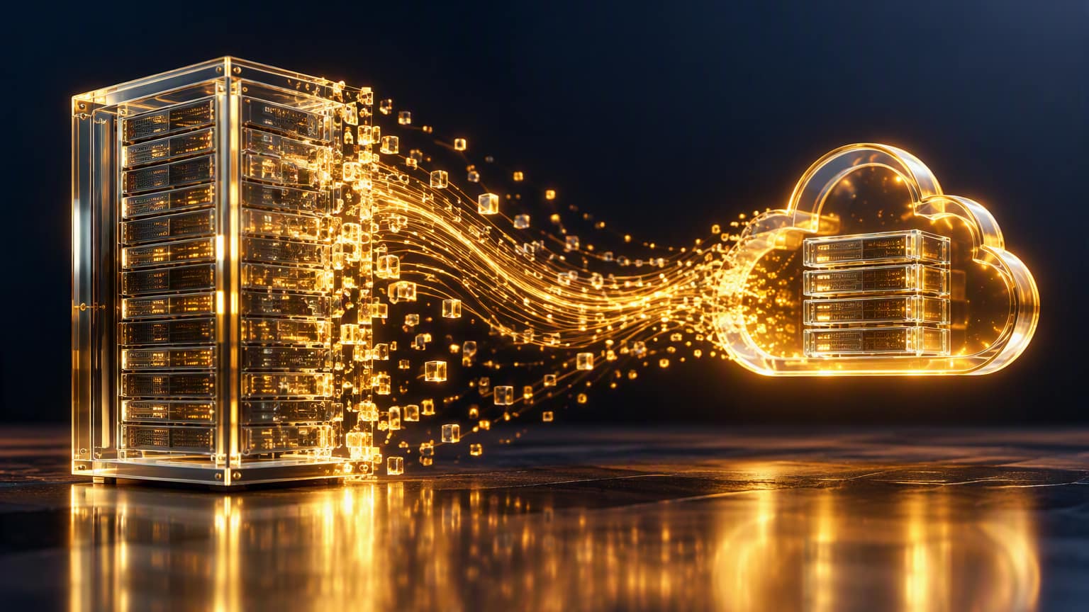A clear glass server rack on the left dissolves into streams of glowing golden particles that flow across a reflective floor into a golden cloud holding a small stack of servers.