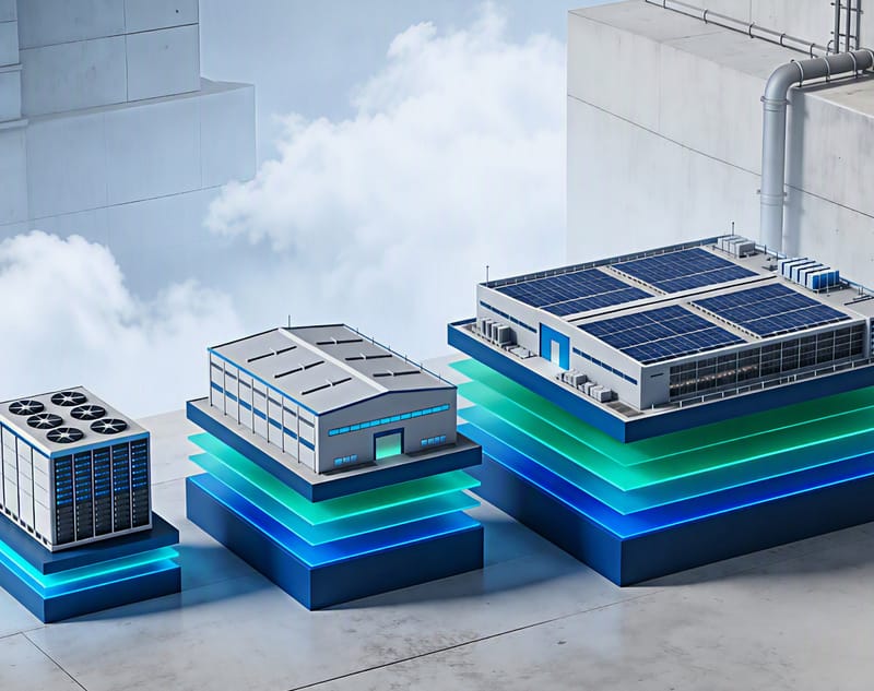 Three data centre buildings of increasing size on stacked glowing blue and green platforms, from a small unit to a large campus with solar panels on the roof, against light clouds.