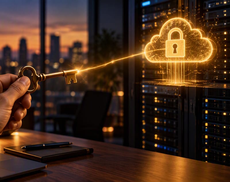A hand holding an old brass key at a desk at dusk, joined by a thin golden beam to a glowing golden cloud with a padlock above a row of server racks.