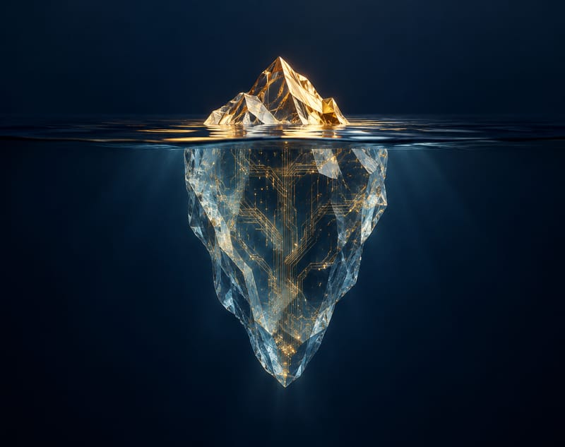 An iceberg of clear glass in a dark navy sea: only its small tip above the waterline glows gold, while the far larger mass below the surface is threaded with fine golden circuit lines.