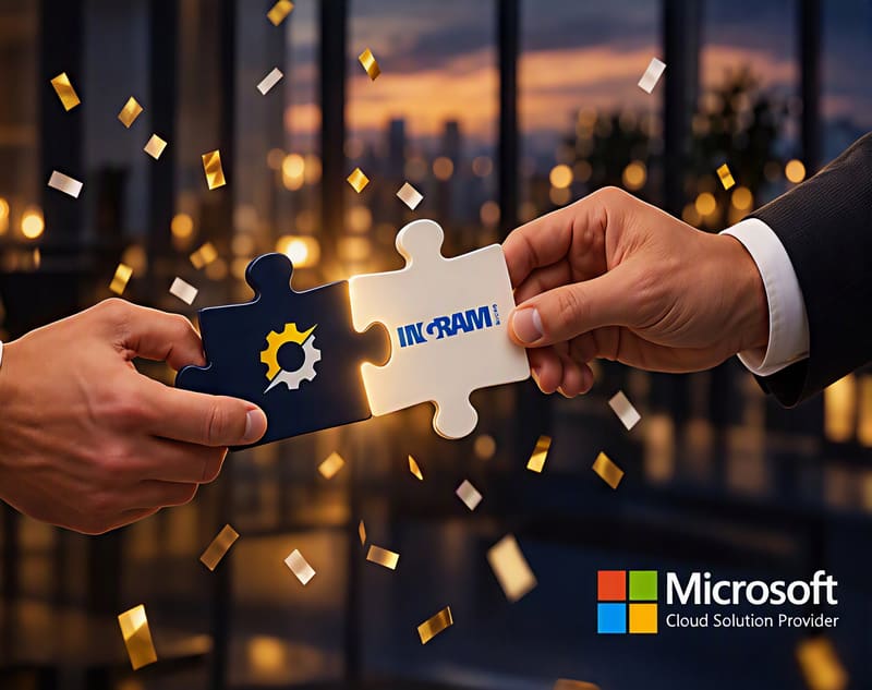 Two hands in suit sleeves join a navy puzzle piece with the Synergetic IT gear and a white puzzle piece with the Ingram Micro logo, gold confetti falling in an office at dusk, and the Microsoft Cloud Solution Provider badge in the corner.
