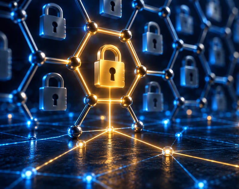 A hexagonal steel lattice of padlocks lit in cool blue, with one golden padlock in front whose cell glows gold and sends golden lines into a network of glowing nodes on the floor.