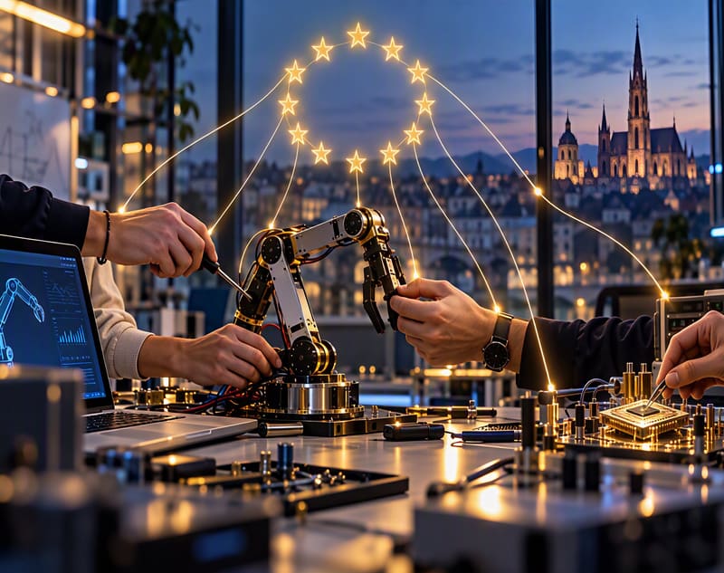 Hands of students and an engineer assembling a robotic arm and a quantum-chip prototype on a lab bench at dusk, under a ring of twelve golden stars linked to their work, with a European old town and cathedral outside the window.