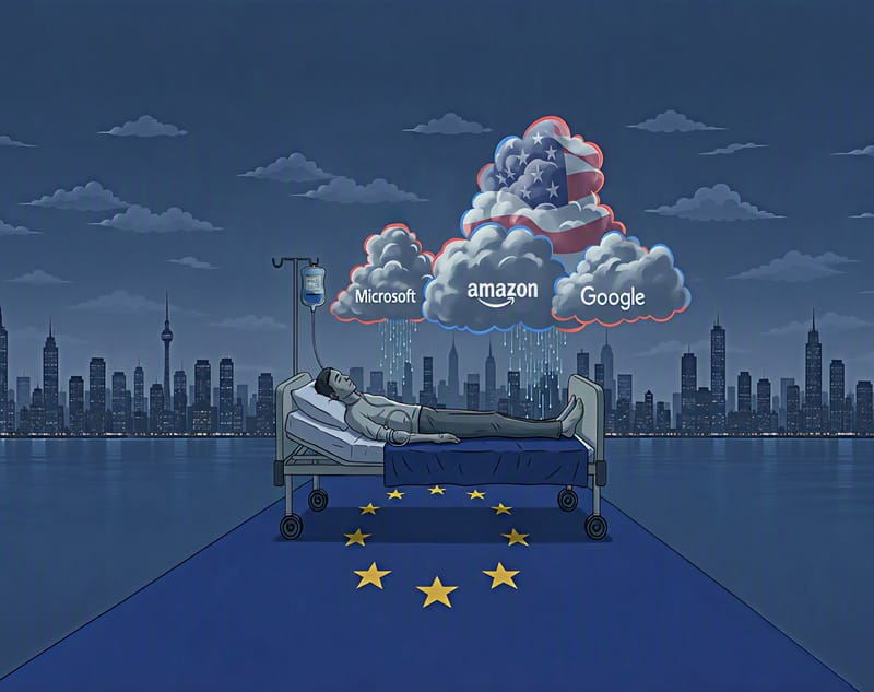 Illustration of a patient in a hospital bed on a carpet with the European stars, connected to a drip, under clouds carrying the Microsoft, Amazon and Google names and a cloud with the American flag, in front of a city skyline at night.
