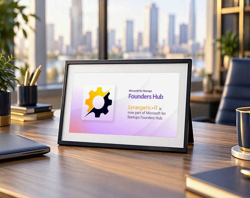 The official Microsoft for Startups Founders Hub badge of Synergetic IT, printed and framed on an office desk in morning light, beside a closed laptop, a plant and a cup of coffee.
