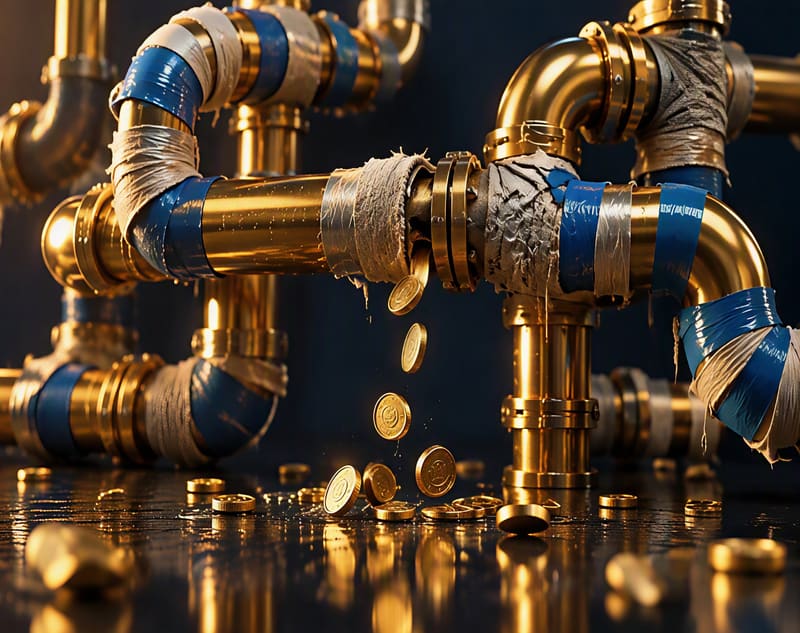 Polished brass pipes patched with blue and grey tape at every joint, with gold coins dripping from a leaking seam onto a wet, dark floor.