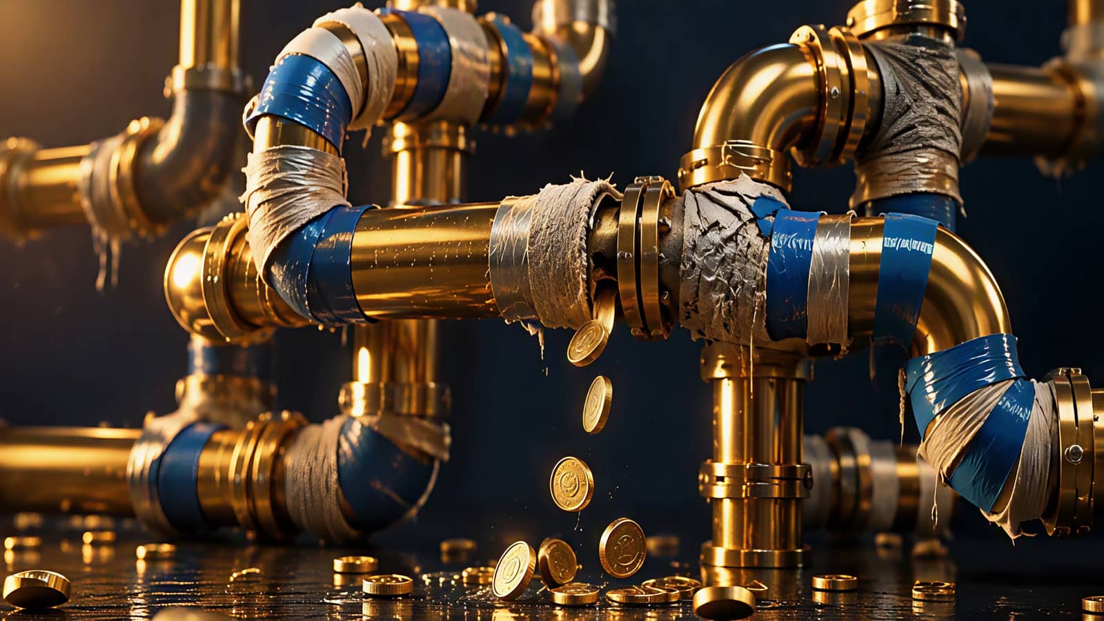 Polished brass pipes patched with blue and grey tape at every joint, with gold coins dripping from a leaking seam onto a wet, dark floor.