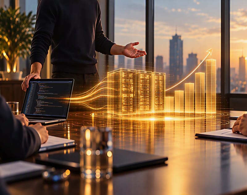 A developer in a casual sweater stands at a boardroom table in the morning sun, one hand on a laptop showing code and the other open towards a golden hologram in which lines of code become server racks and then a rising bar chart, while board members listen.