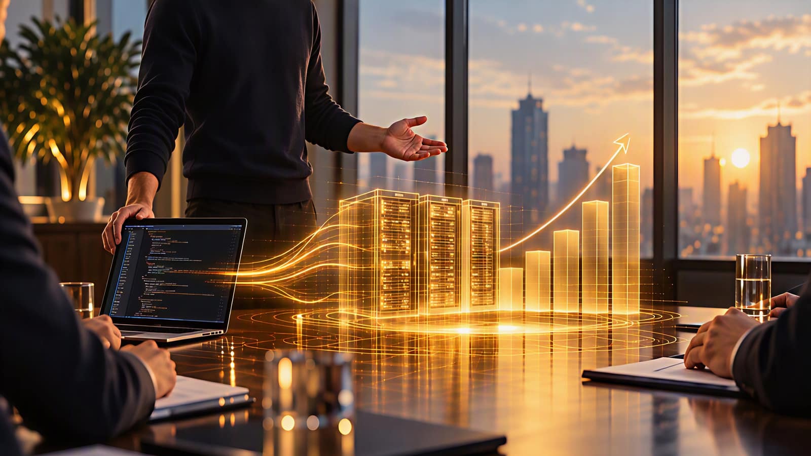 A developer in a casual sweater stands at a boardroom table in the morning sun, one hand on a laptop showing code and the other open towards a golden hologram in which lines of code become server racks and then a rising bar chart, while board members listen.