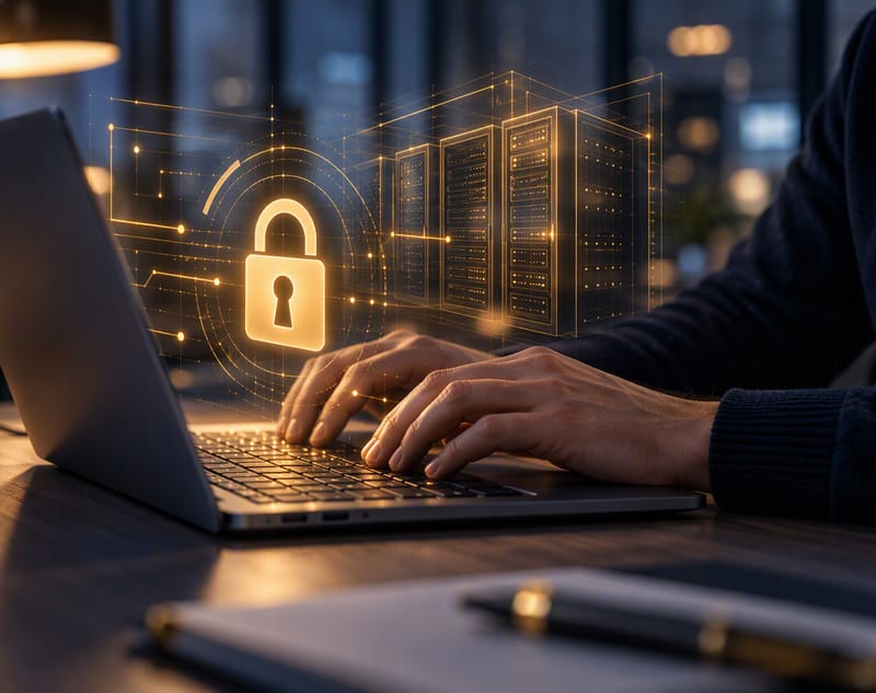 Hands typing on a laptop in a dim office at dusk, with a glowing golden padlock and a golden blueprint of server racks floating above the keyboard.
