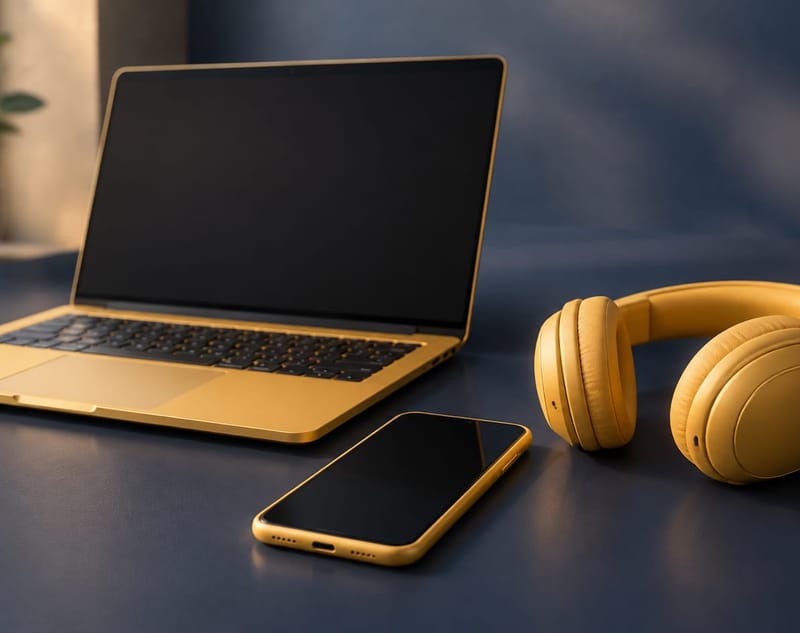 A golden laptop, smartphone and wireless headset arranged as one matching set on a dark navy surface, each piece with a soft glow along its edges.