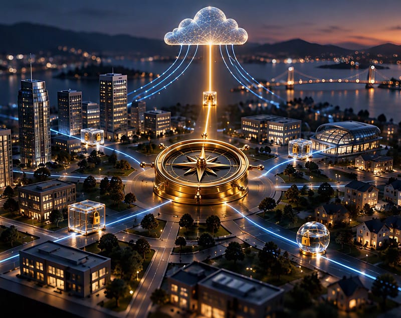 A scale model of a city at dusk with lit office buildings and homes; at its centre a brass compass sends routes of blue light between the buildings, each carrying a small locked glass container, and one golden route rises to a glowing cloud.