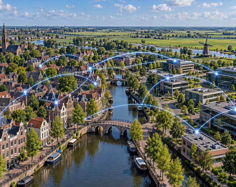 Aerial view of a Dutch town on a sunny day, with canal houses, arched bridges and boats along a canal, a business park of modern offices and green polder fields with a windmill beyond, linked by thin lines of blue light between the buildings.
