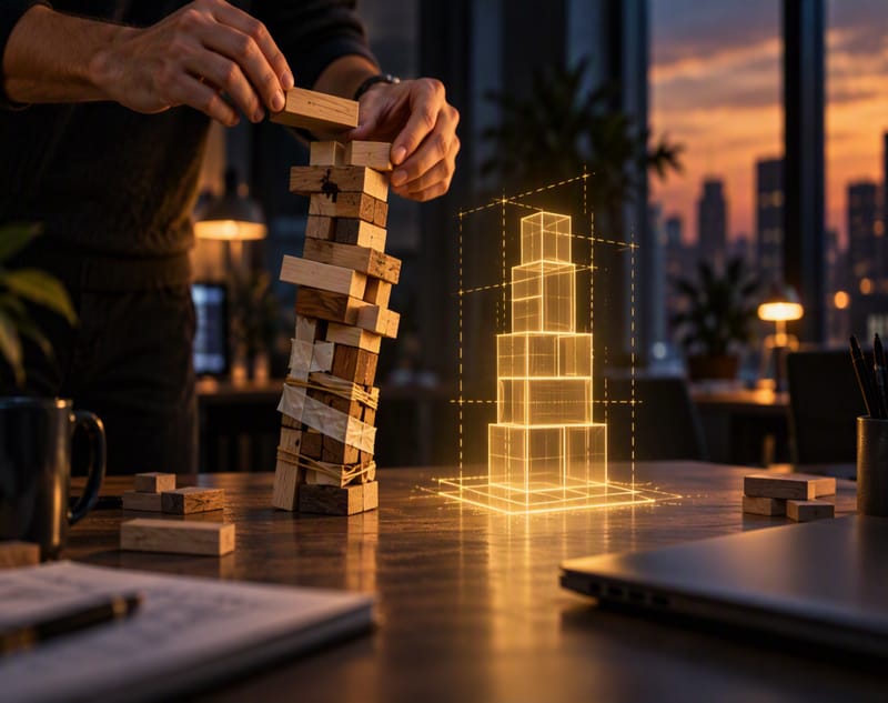 Hands placing one more block on a leaning tower of mismatched wooden blocks held together with tape, beside a glowing golden blueprint of how the tower should have been built, on an office desk at dusk.