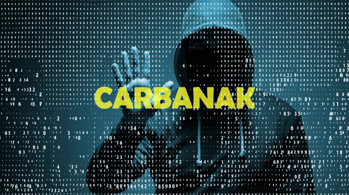 A man wearing a hoody with his face covered by shadow representing a hacker. His right hand is raised and open facing forward. In front of the man, the word Carnabak in big yellow, capital letters covers the middle of the picture.