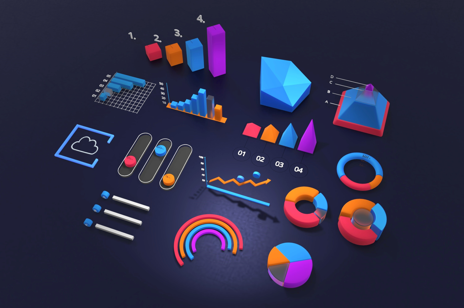 Some 3d represented graphs on red,orange, blue and purple colors on a navy blue background. There is a total of 15 different graphs of mostly increasing values disposed in a square formation. The formation is turned 30 degrees clockwise.