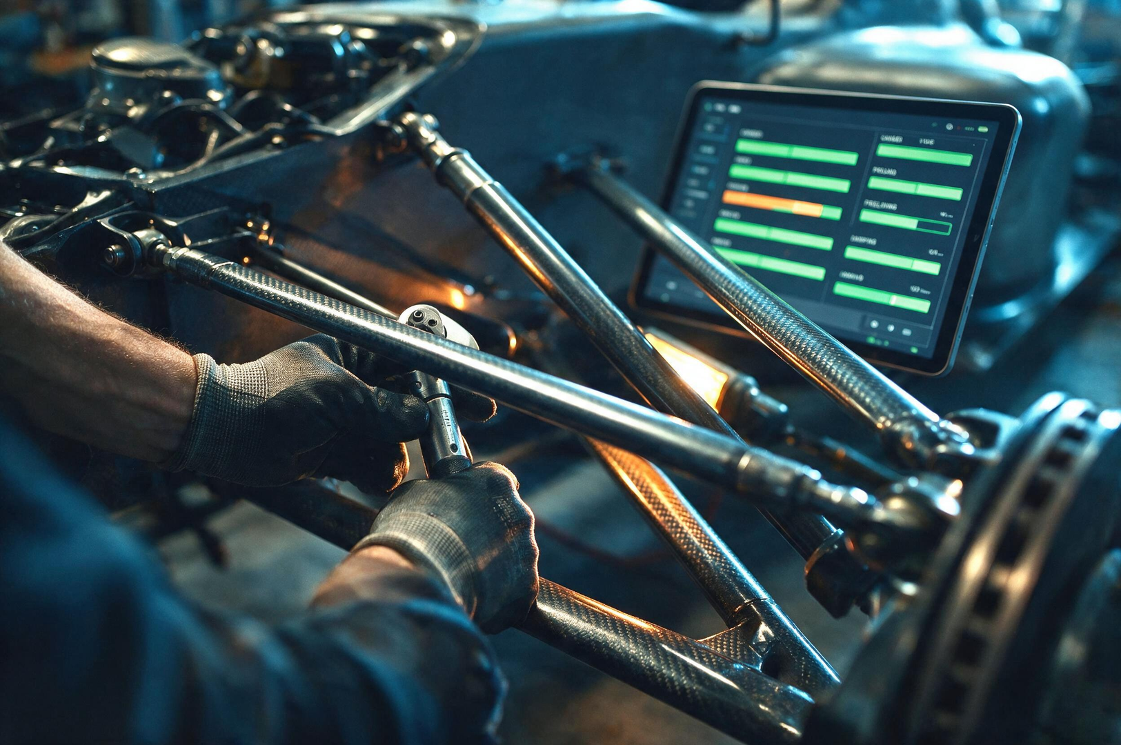 Close-up of gloved hands fine-tuning a race car suspension with a torque wrench, a blurred tuning tablet glowing in the background, representing precise optimization.