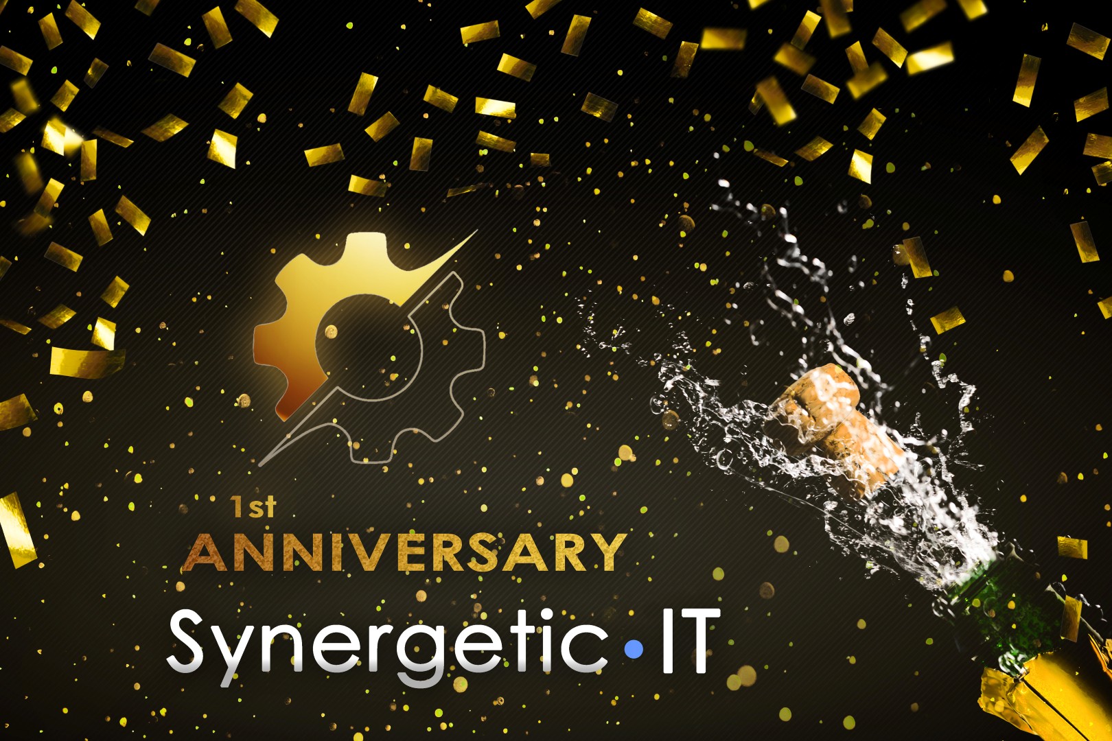 A bottle of champagne is uncorked to celebrate the first anniversary of Synergetic IT. Golden confetti and a golden logo of Synergetic IT on a dark background representing the celebration of the company's first anniversary