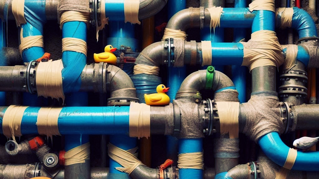 A complex network of metal pipes with blue insulation and beige tape wrapped around various joints and sections. Two yellow rubber ducks are placed on top of the pipes, adding a whimsical touch to the industrial scene