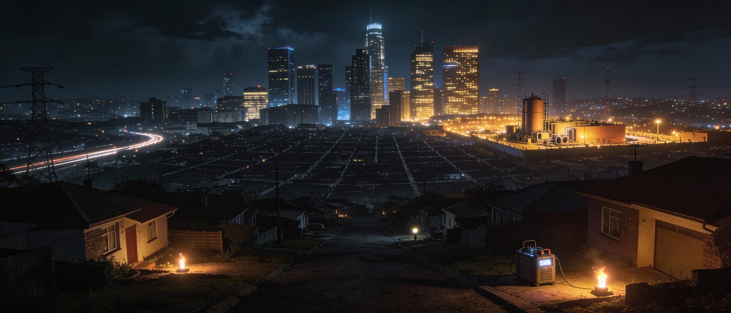 A nighttime cityscape illustrating an electrical blackout, featuring a dark residential neighborhood in the foreground with streets illuminated only by small fires and a portable generator, contrasting with a partially lit city skyline in the distance.